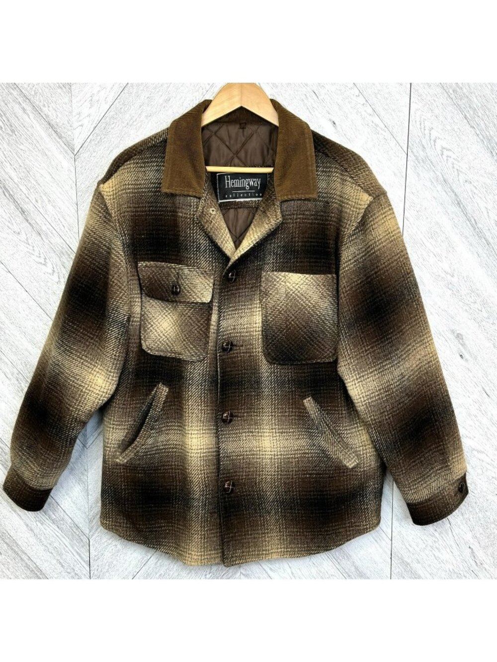 Vintage Hemingway Brown Plaid Wool Chore Jacket Corduroy Collar Mens Medium